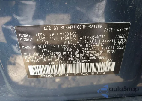 2019 Subaru Outback 2.5I Premium from USA, damaged, VIN 4S4BSAFC1K3220352